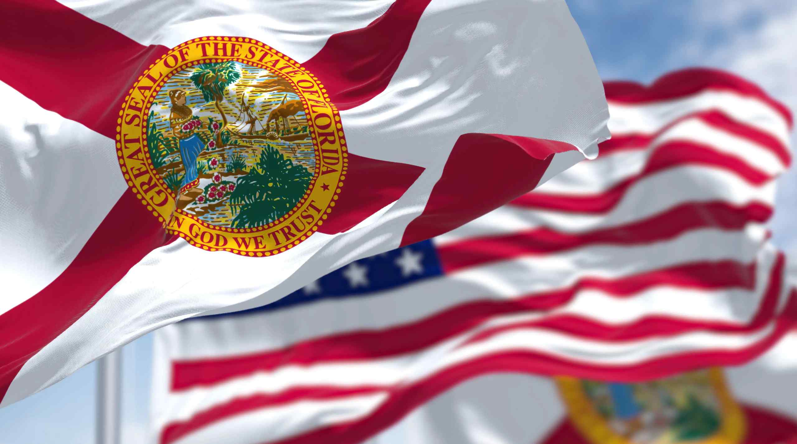 The Florida state flag with the US flag in the background.
